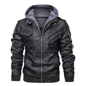 Men’s Casual Stand Collar Faux Leather Zip-Up Bomber Jacket With Removable Hood